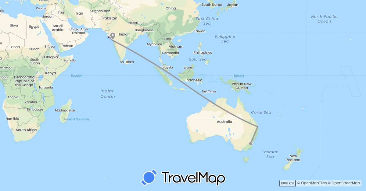 TravelMap itinerary: driving, plane in Australia, India, Singapore (Asia, Oceania)